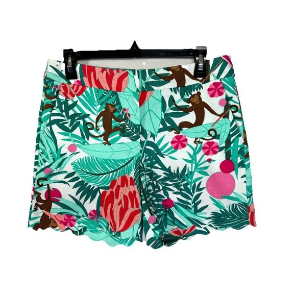 Talbots Scalloped Hem Shorts Womens 4 Tropical Green Floral Jungle Monkey Preppy - Picture 2 of 9